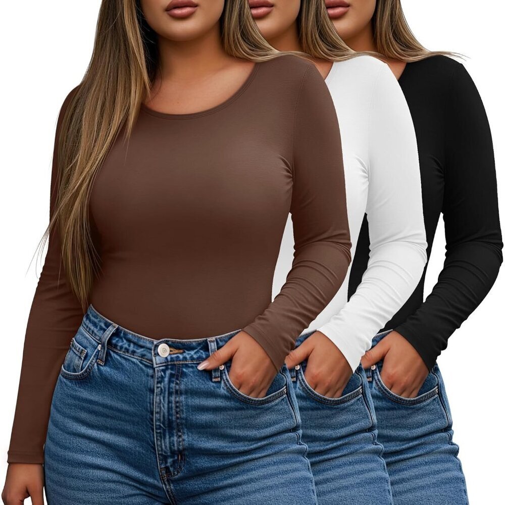 Women’s Plus Size Long Sleeve Shirts 3 Pack Casual Slim Fit Scoop Neck